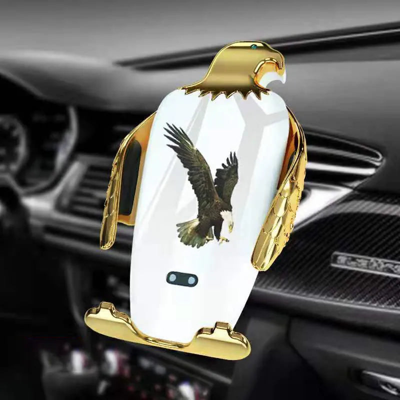 Eagle-style car phone holder with snap-on suction cup mount and wireless charging base in black gold finish