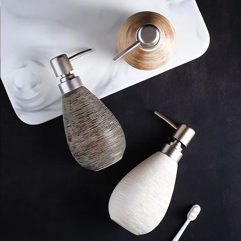 Japanese retro ceramic shower gel bottle with brushed finish in white colour, pump dispenser for bathroom use
