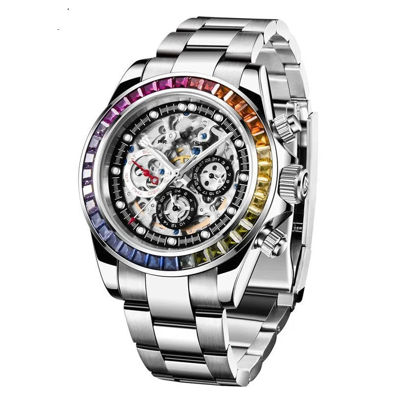 Dial design transparent men's mechanical watch with 40mm diameter, sapphire crystal glass, and stainless steel buckle
