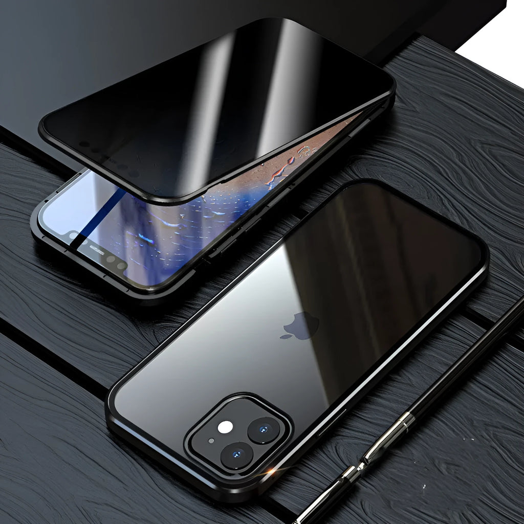 Magnetic privacy glass iPhone case in black showing anti-peeping screen protection feature