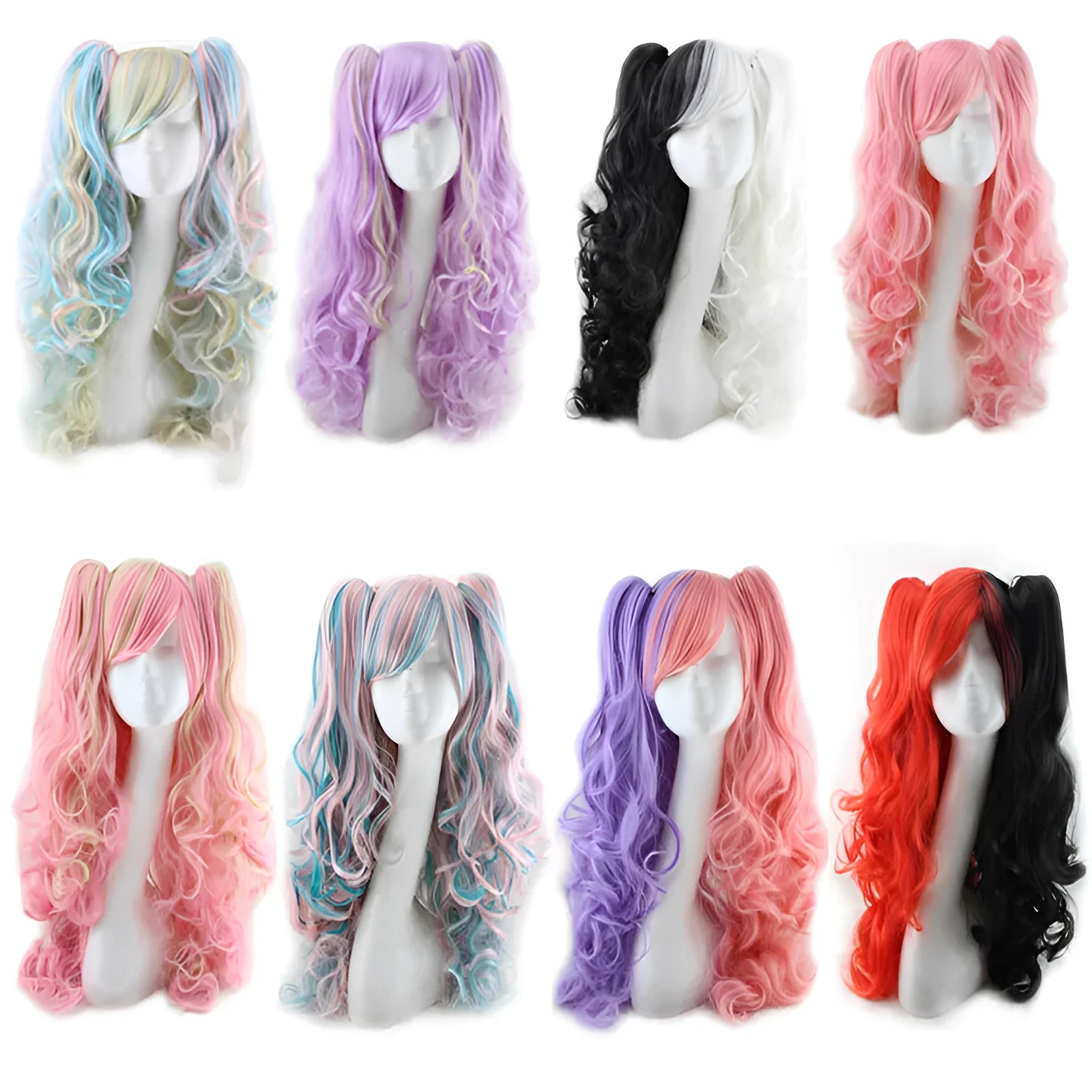 Colorful long curly synthetic wig with high temperature wire hairline in a pink gold colour option