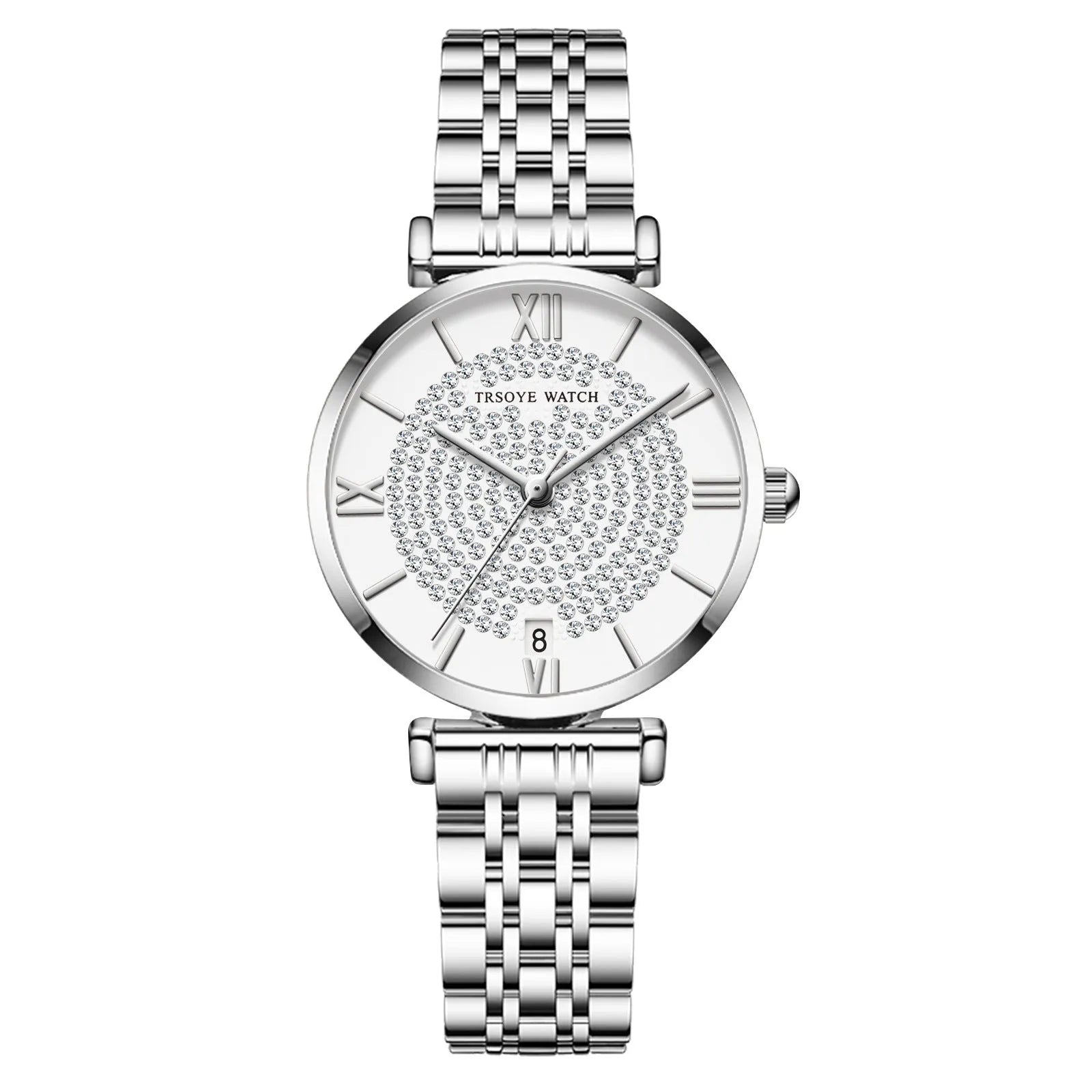 Starry women's quartz watch with 33mm dial, alloy strap, mineral glass mirror, and butterfly clasp on white background