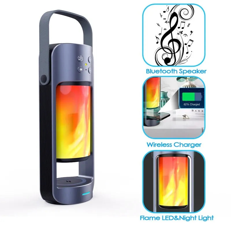 Blue Alpha Flame portable Bluetooth speaker with dancing light effect and wireless charging capability
