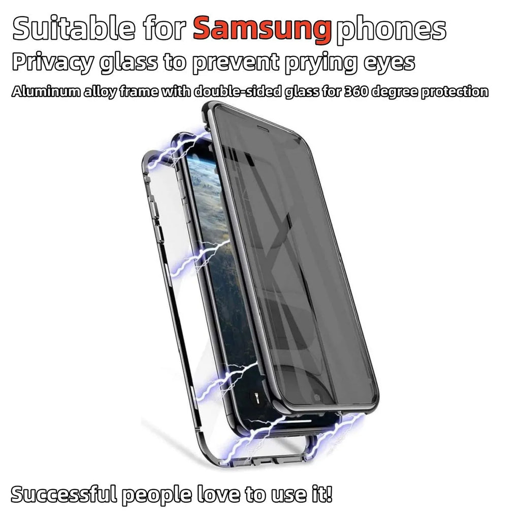 Peep-proof phone case with double-sided glass and aluminium alloy frame in black, showing rear camera cutout and magnetic set