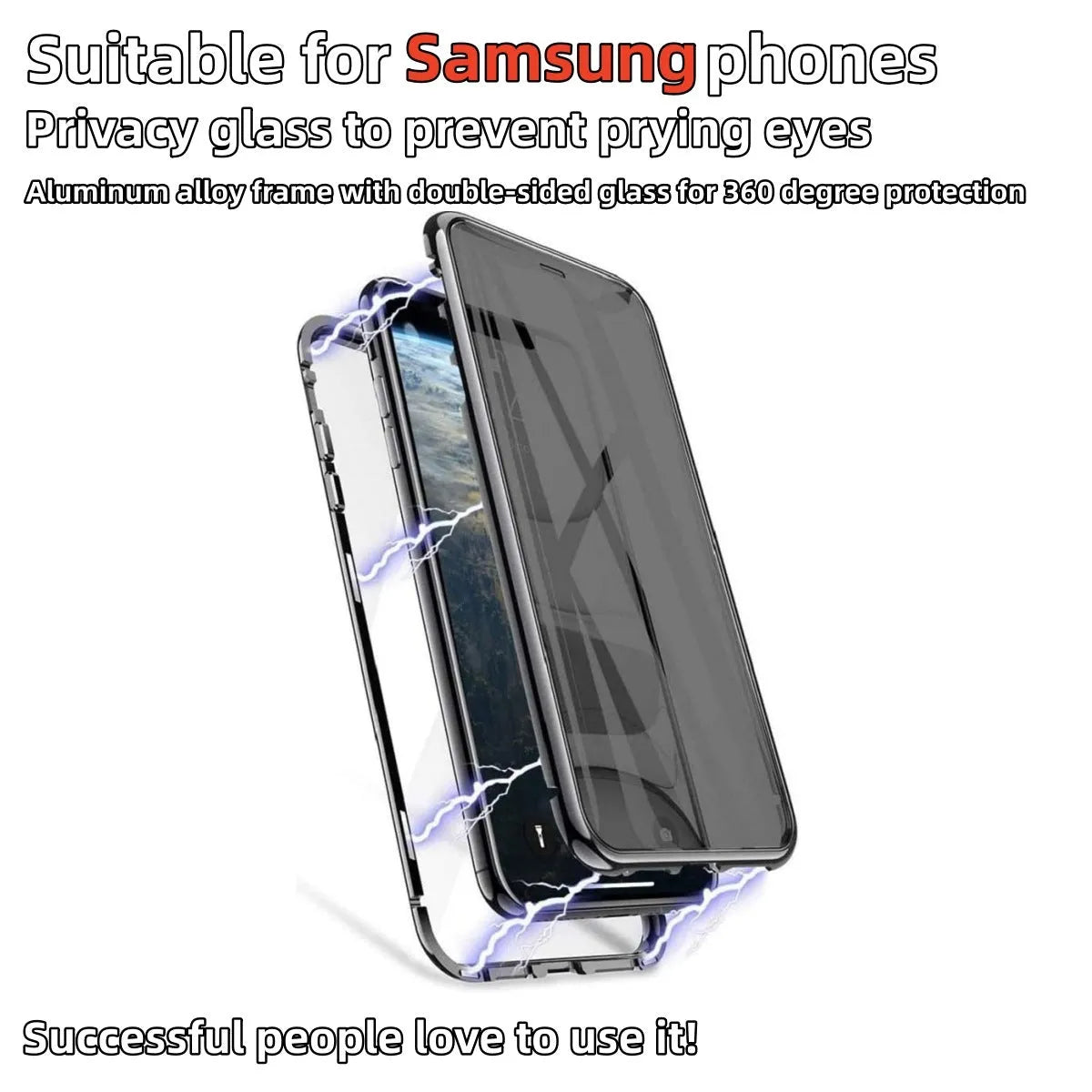 Peep-proof phone case with double-sided glass and aluminium alloy frame in black, showing rear camera cutout and magnetic set