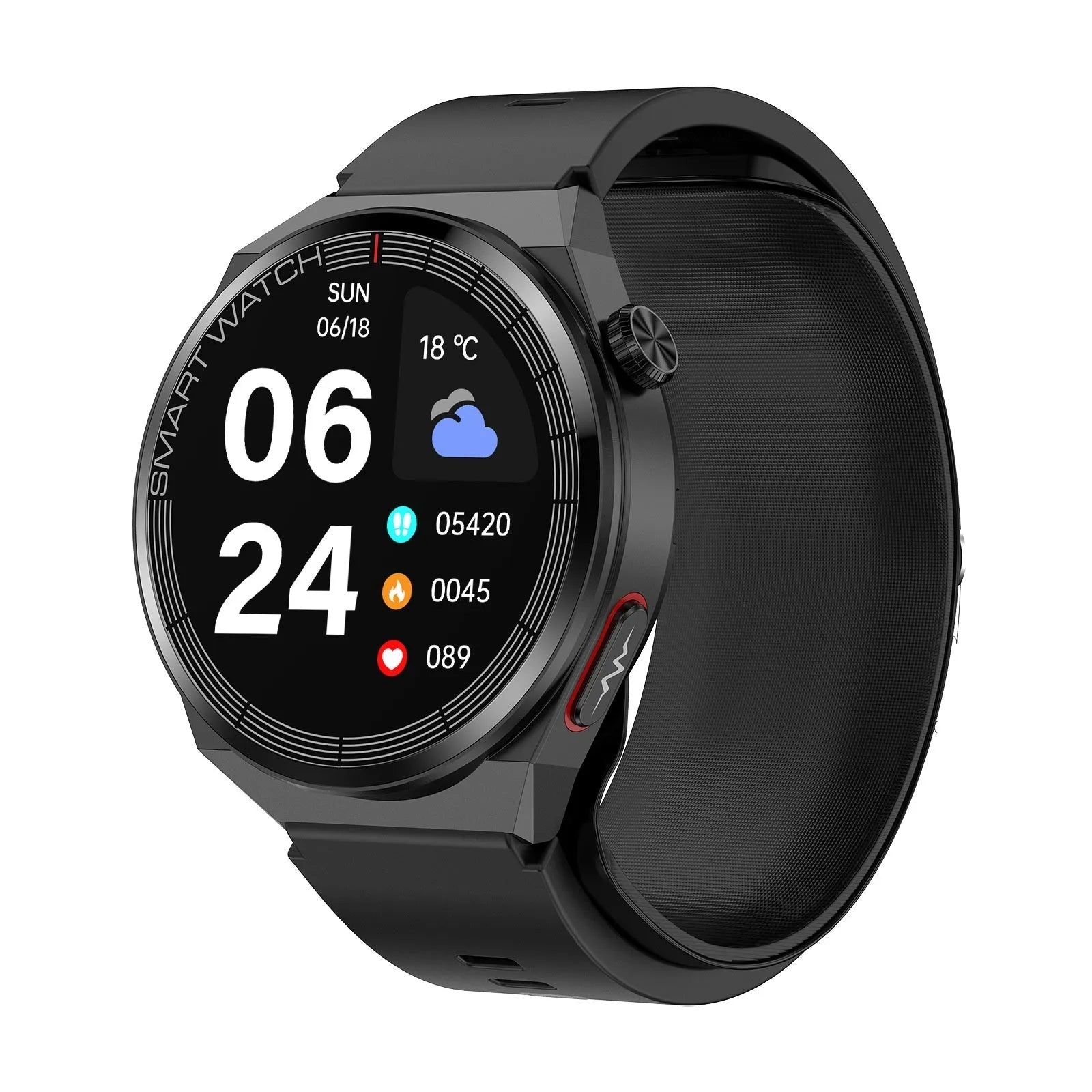 Blood pressure voice broadcast sport smart watch in black with TFT touch screen and silicone strap