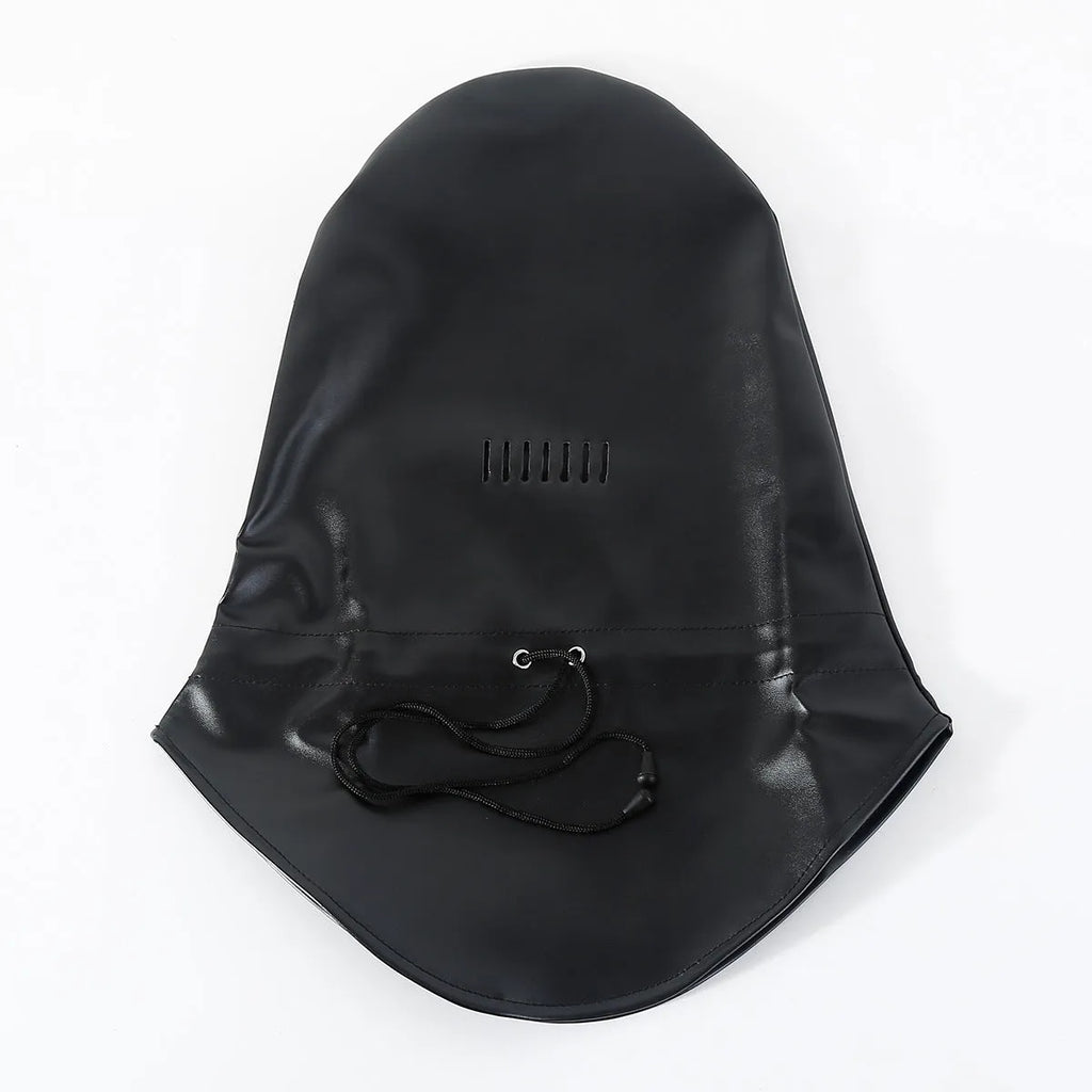 Black leather fetish headgear mask with adjustable straps for training props