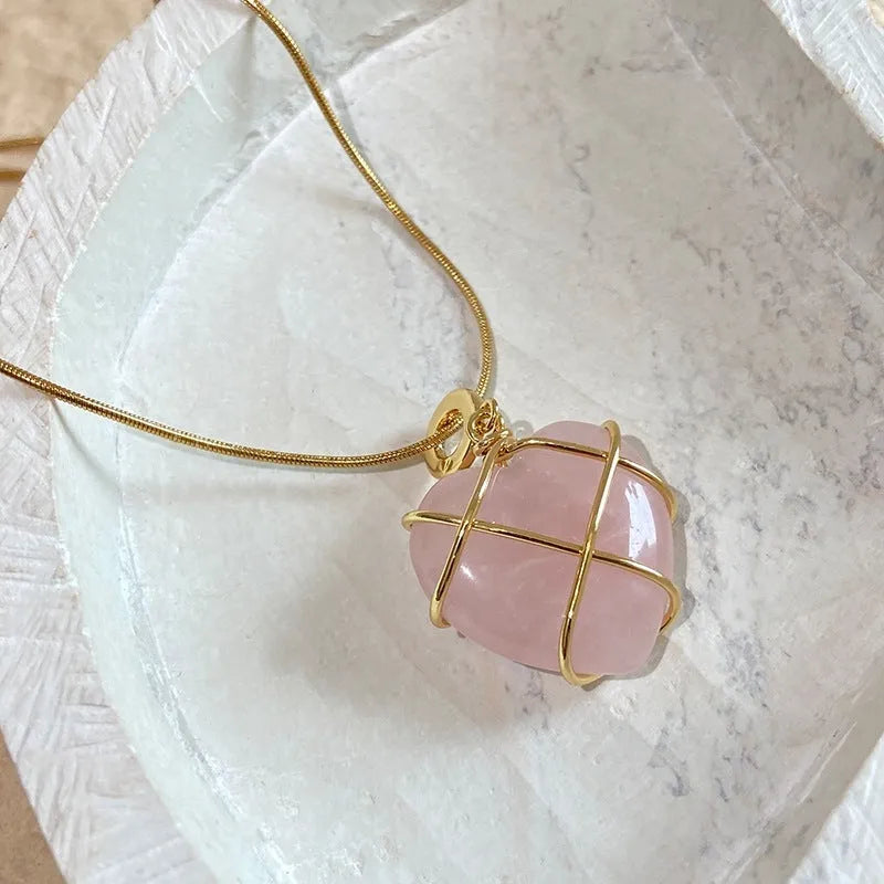 Fashion moonstone heart necklace with electroplated gold finish, adjustable chain, Barbie opal colour