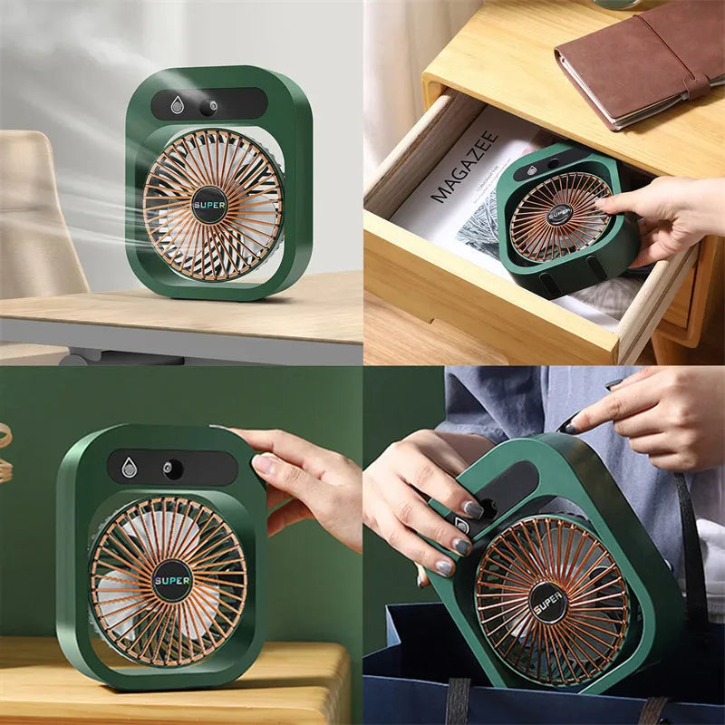 Green USB rechargeable misting fan with 3 speed settings and adjustable head on a desk