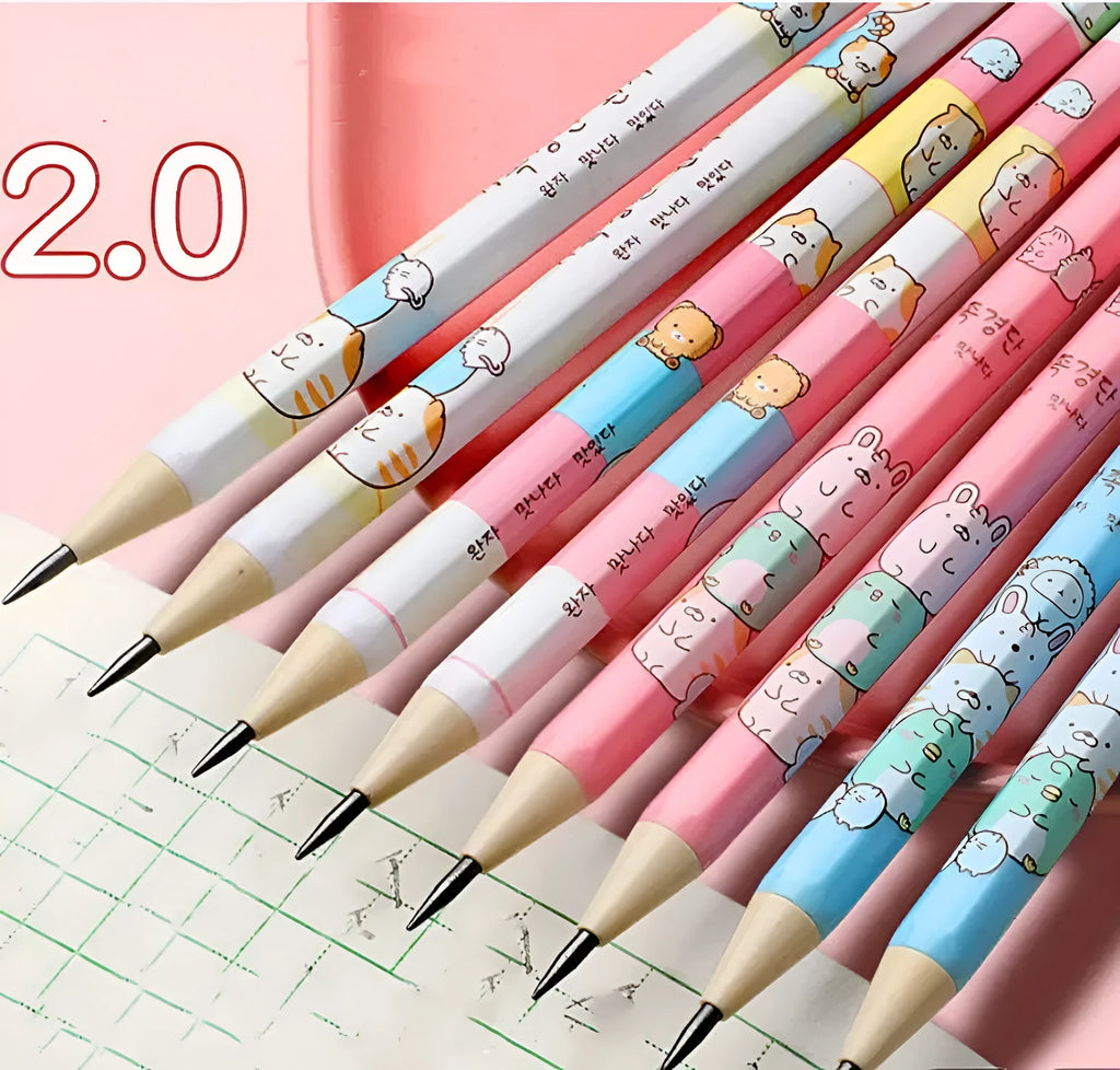Set of colourful cartoon-style children's mechanical pencils with 2.0mm leads and separate rubber erasers.