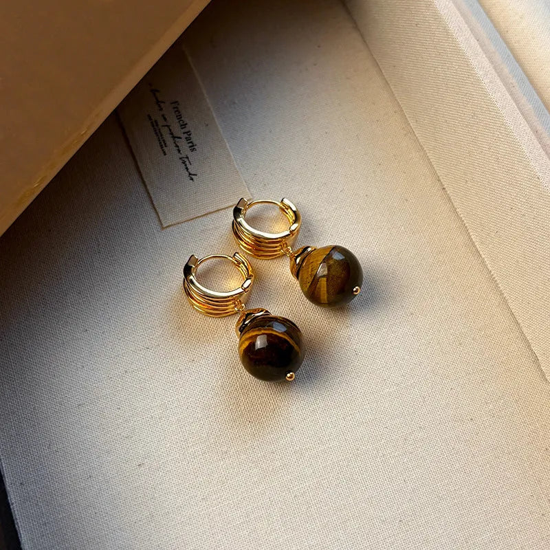 Maillard Tigereye geometric earrings with French retro style and real gold plating