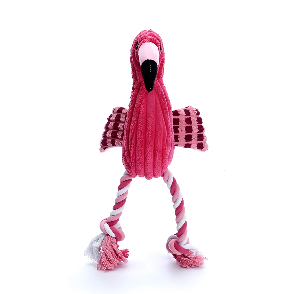 Pink animal-shaped corduroy squeaky dog toy with plush construction