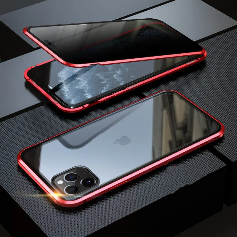 Glass anti-spy clamshell phone case for iPhone in six colour options: black, silver, red, gold, green, blue.