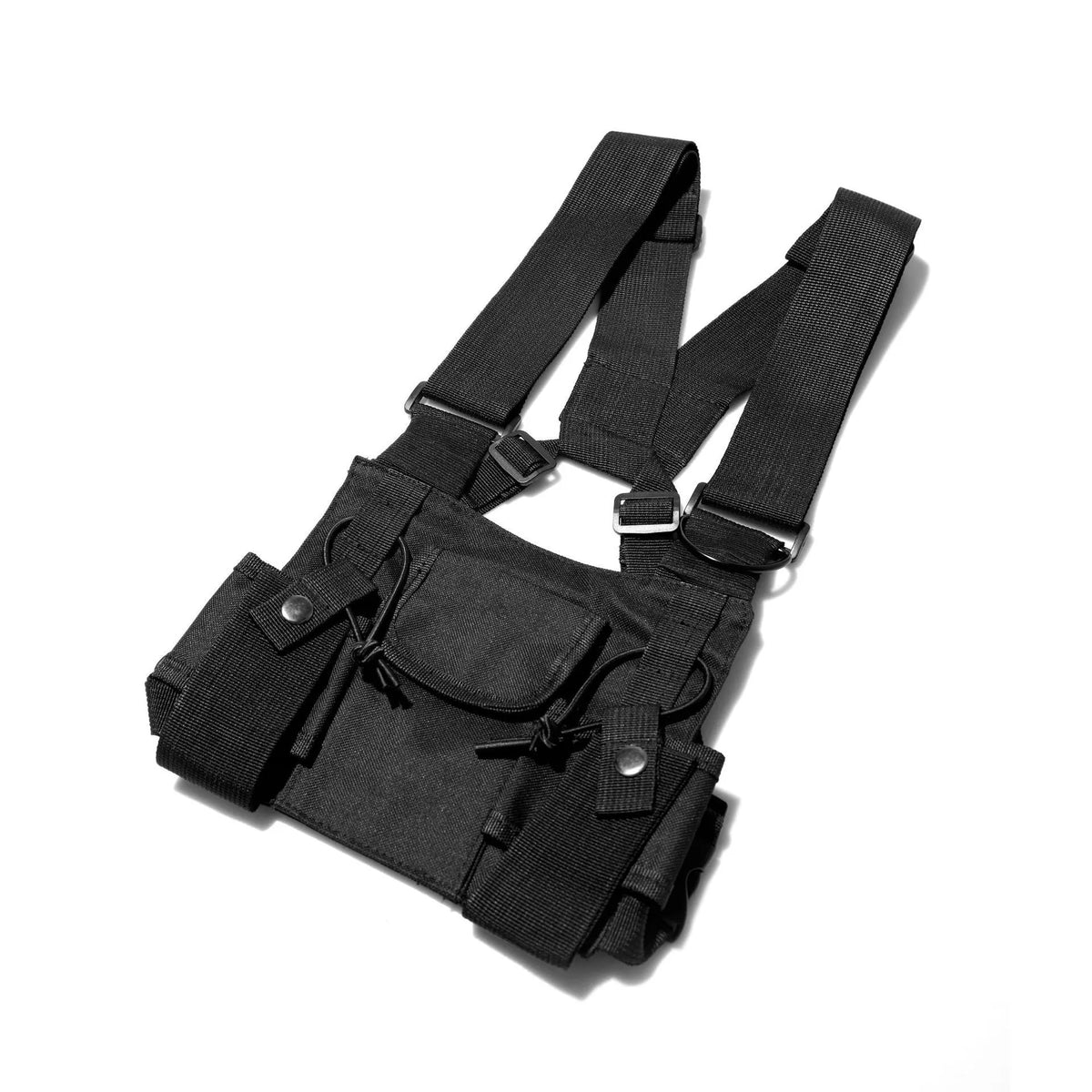 Black tactical tooling chest bag for men with striped pattern, Oxford cloth construction for travel use
