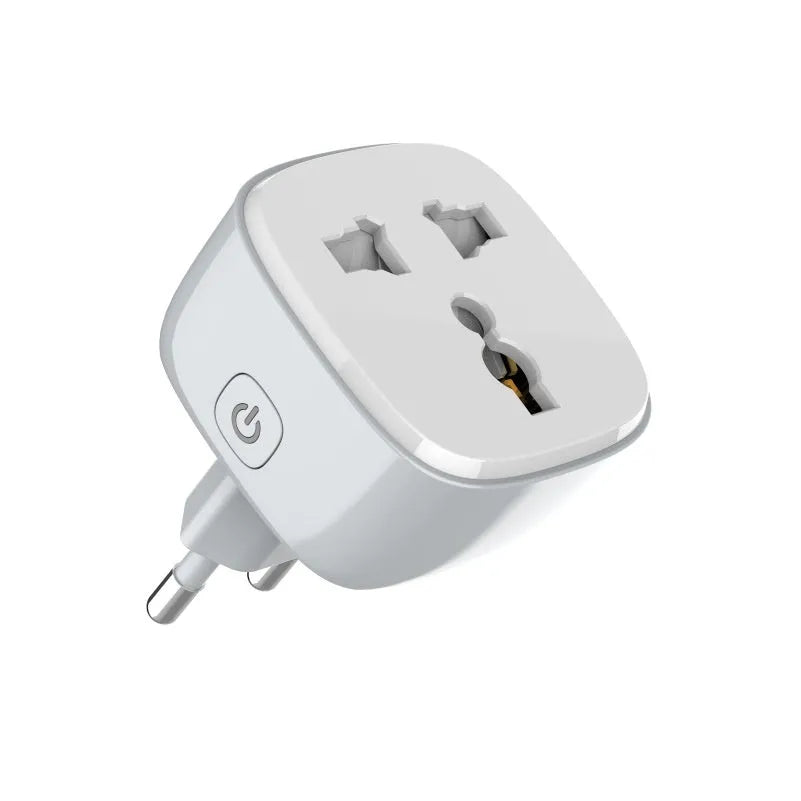White smart WiFi socket with EU plug standard, timer and overload protection functions on white background