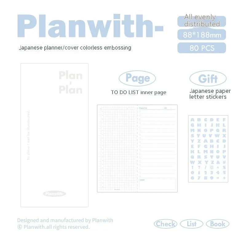 Embossed simple visual daily meter book notebook open, showing white 100g paper, available in blue, grey, purple, white, and protective cover colours.