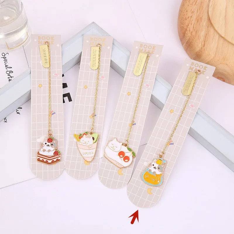 Jane Key Foodie metal bookmark with cartoon cat design, showing four style options including Strawberry Cake Cat.