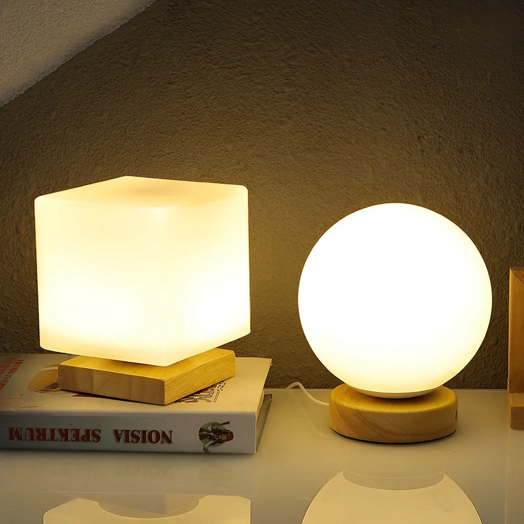 Nordic style wooden USB table lamp with flower-shaped base and cylindrical lamp head