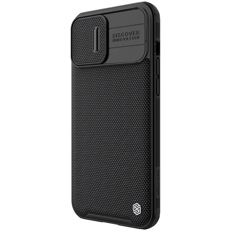 Black textured sliding back cover phone case for iPhone 13 Pro Max made from PC and TPU.