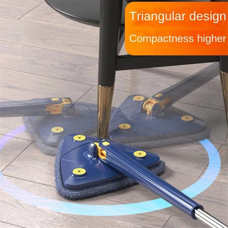 Blue triangle cleaning mop with rotating head and extendable stainless steel pole on a tiled floor