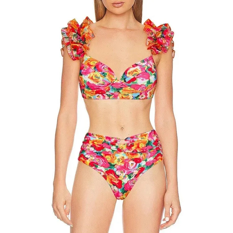 Women's floral print push-up bikini with high waist swim briefs on a mannequin.