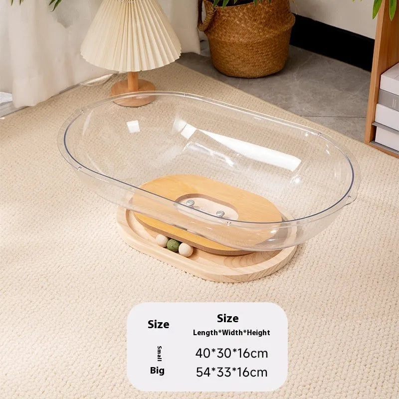 Transparent acrylic space capsule-shaped cat bed on a turntable, showing large size option.