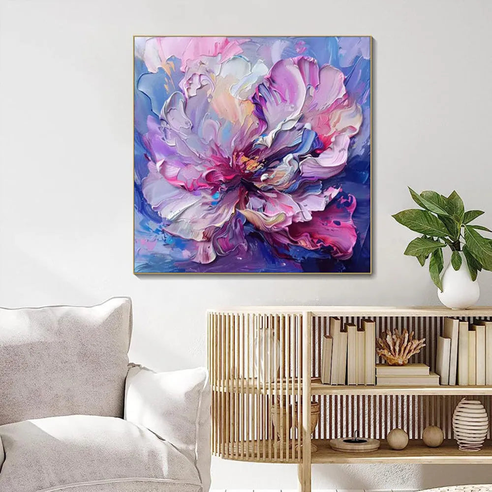 Handmade oil painting canvas wall art abstract big purple flowers square frameless unstretched