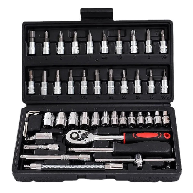 46-piece chromium vanadium steel socket ratchet wrench set in black storage box