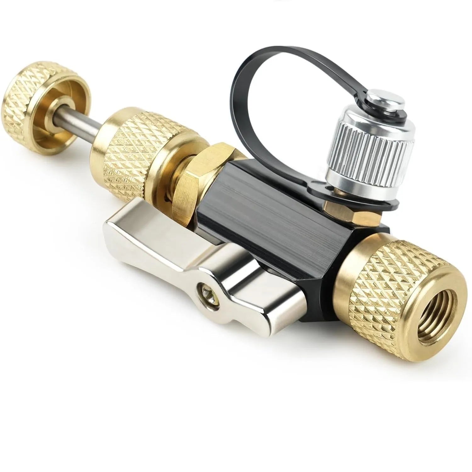 Vacuum valve core disassembly tool set with black and pink valve removers and metal construction