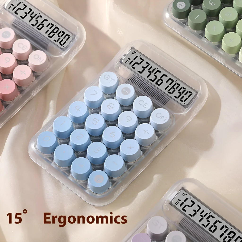 Round keypad gradient colour calculator in blue, green, pink, or purple on a desk.