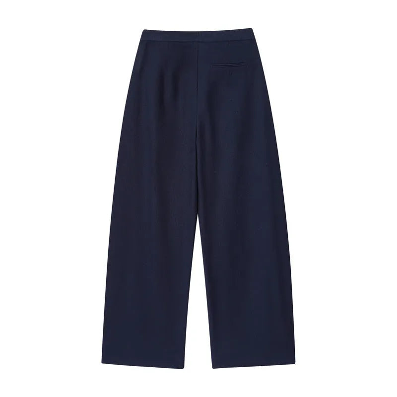 Women's linen shirt top with flounced sleeves and wide-leg trousers set in polyester blend fabric