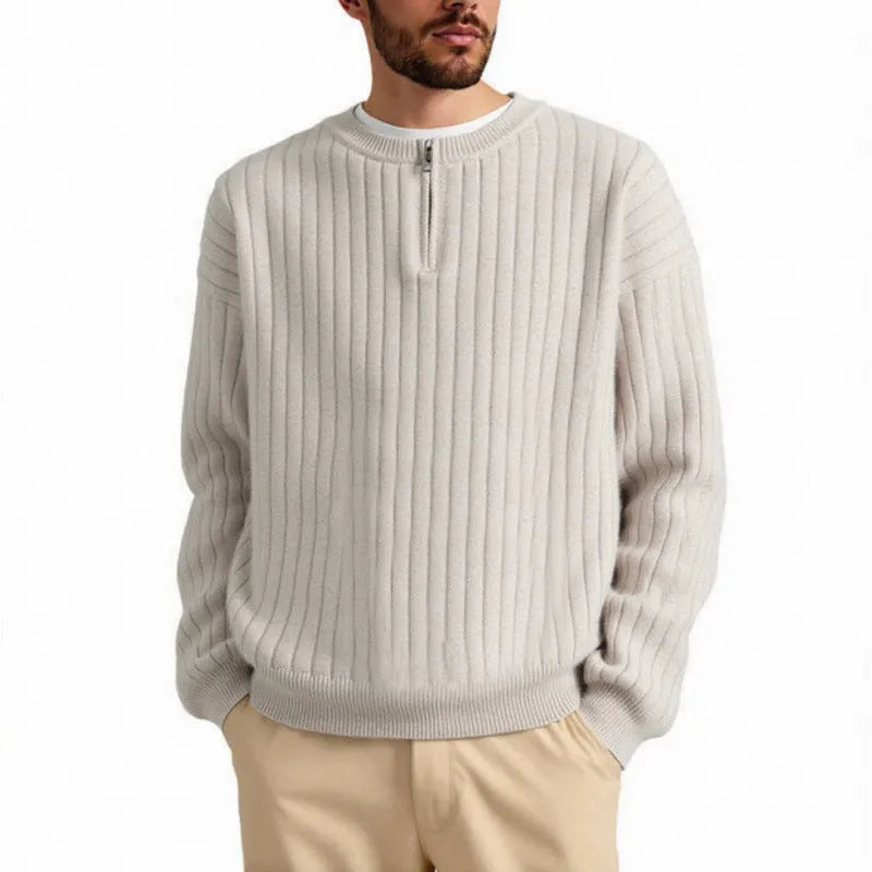 Men's grey half zip pullover sweater with texture knitting and loose fit design