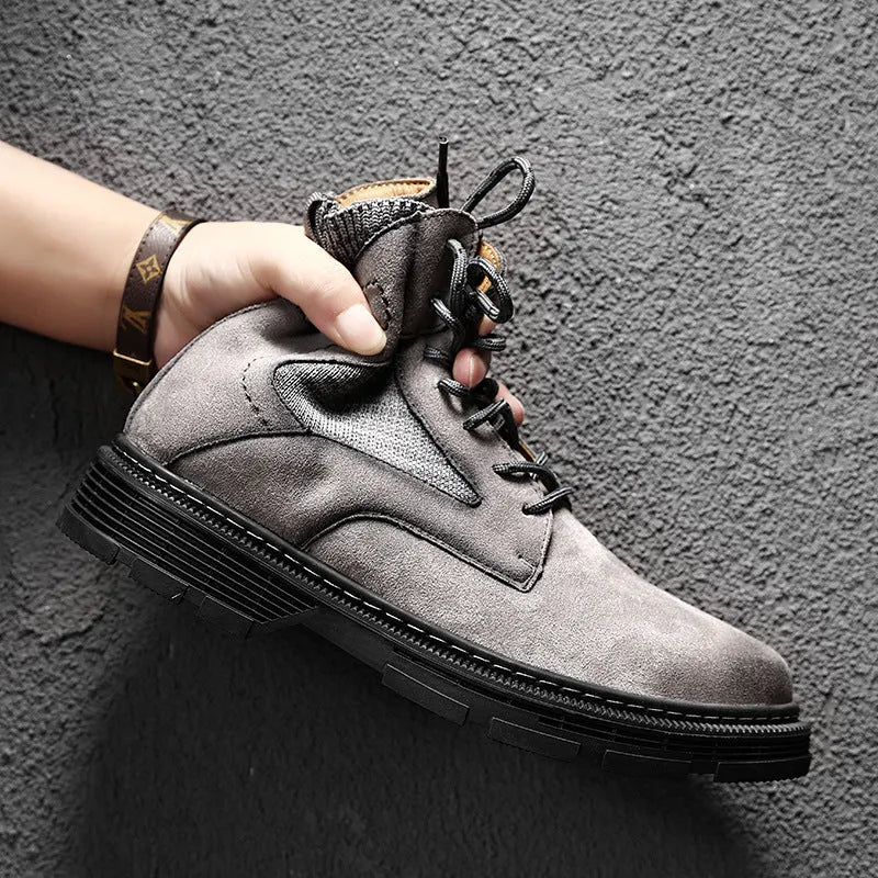 Men's frosted vintage Martin boots in black, sand, or grey with a low heel and round toe.