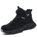 JK7926 black winter high-top PVC labour safety shoes with steel toe cap and rubber sole, side view