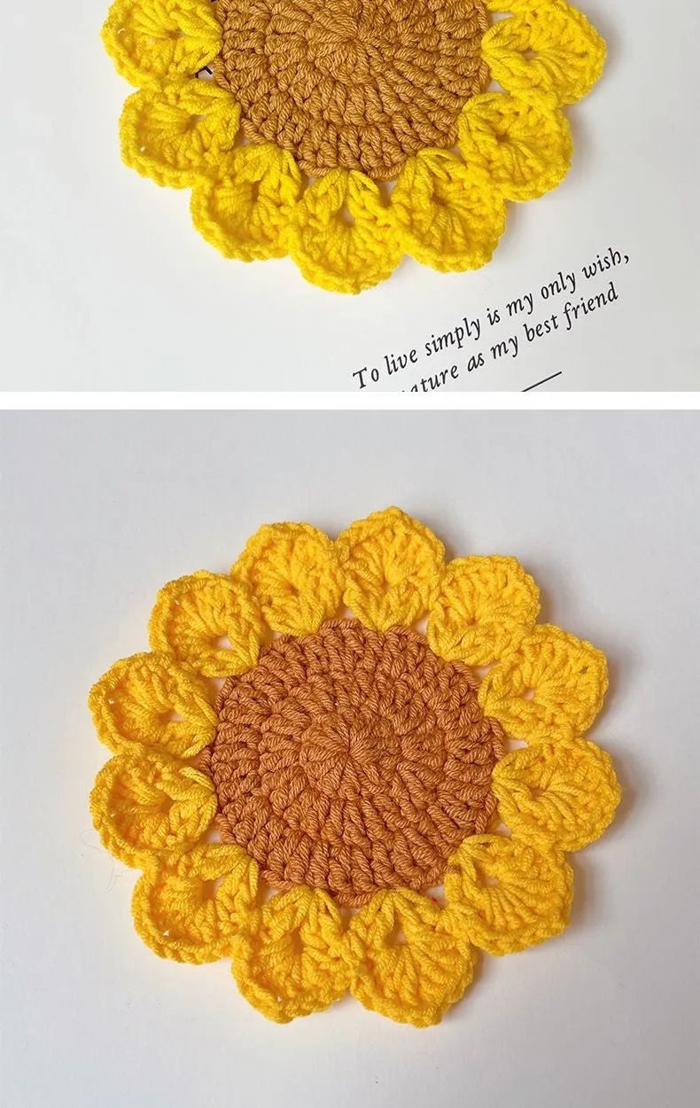 Hand-woven wool flower coasters showing floral pattern texture and natural wool material