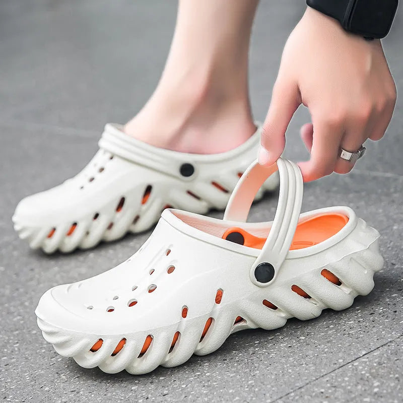 Men's beige EVA slipper sandals with hollow-out holes and round-toe design for outdoor wear