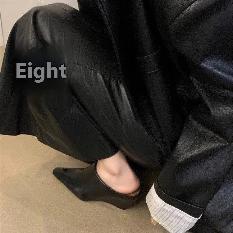 Women's Wind Wedge closed toe half slippers in PU with wedge sole, shown in black, brown, and off white colour options