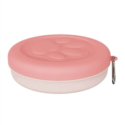 Portable plastic dog feeding bowl with integrated snack box compartment in light green colour