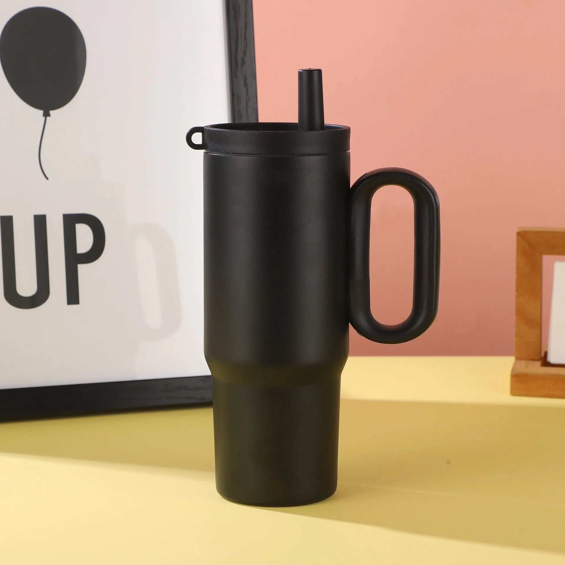Large capacity portable insulated straw cup with handle in multiple colour options