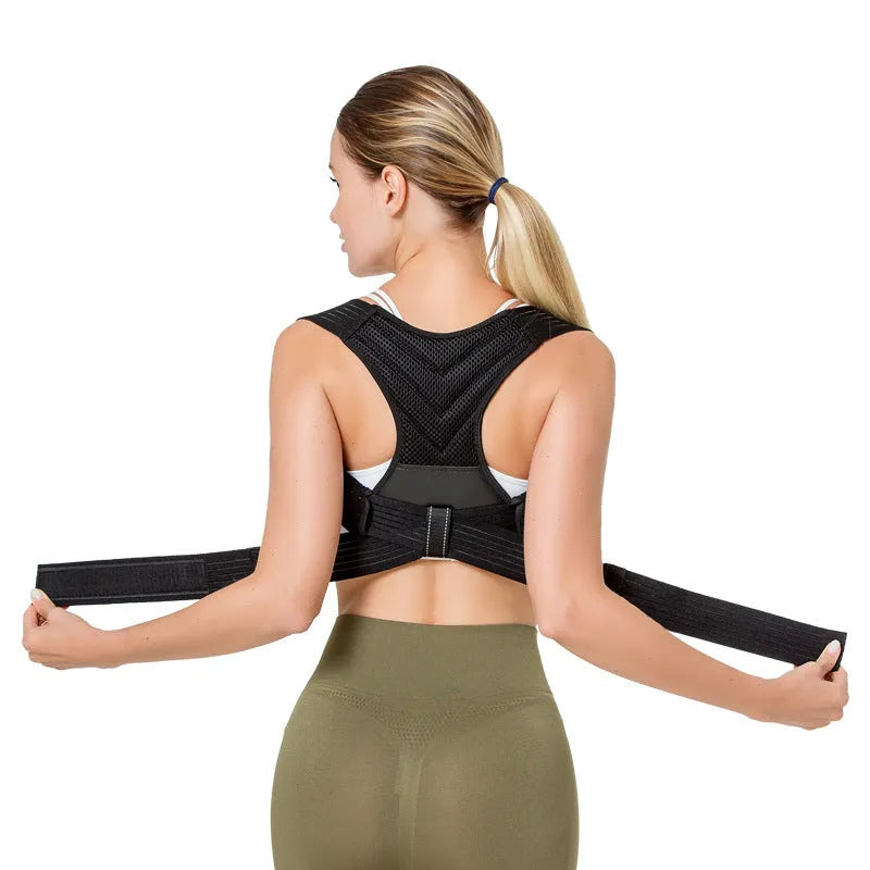 Anti-humpback correction belt in black polyester-nylon for posture support with open shoulders and high chest