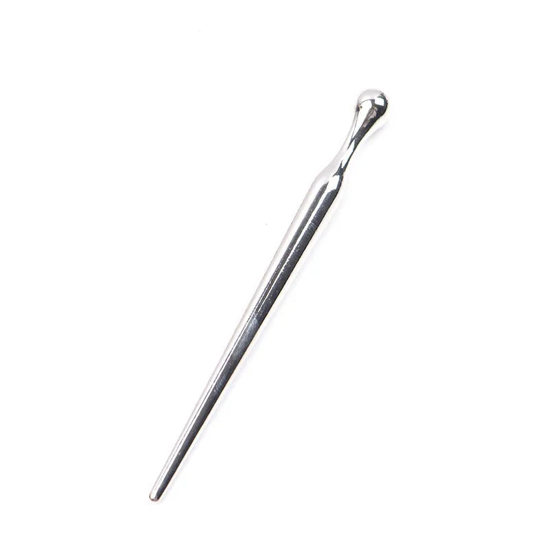 Silver metal urethral stimulation plug stick with round beads and a horse eye end design.