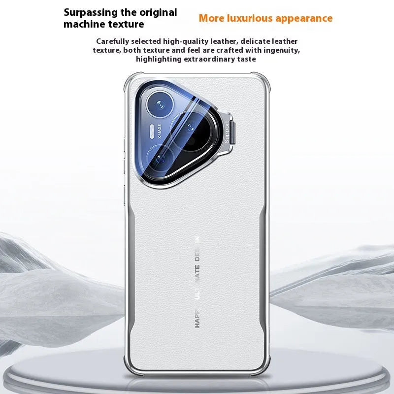 Leather Huawei phone case in black showing integrated metal stand deployed.