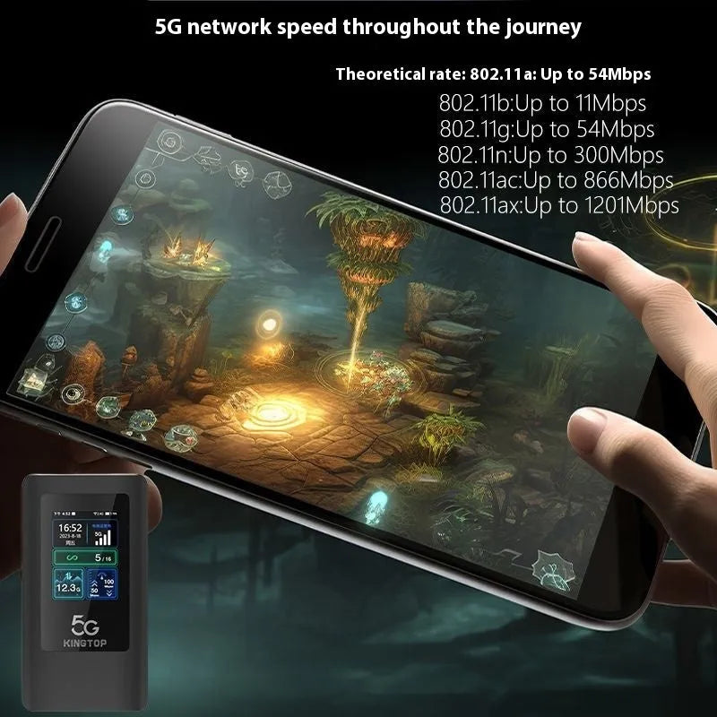 Black portable 5G Wi-Fi router showing LCD screen, USB-C port, and compact design