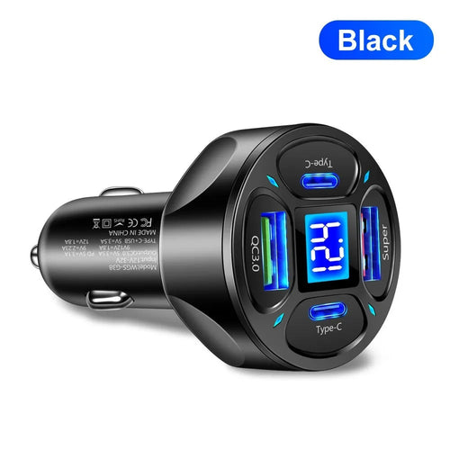 66W black digital display car charger with two USB and two Type-C ports for fast charging