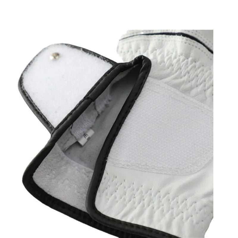White half sheepskin golf glove for men, showing non-slip palm and breathable design.
