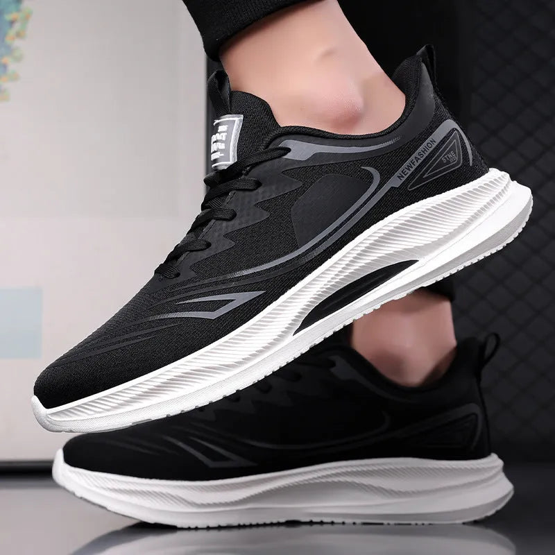 Men's lightweight black mesh casual sneakers with a rubber sole and low platform heel.