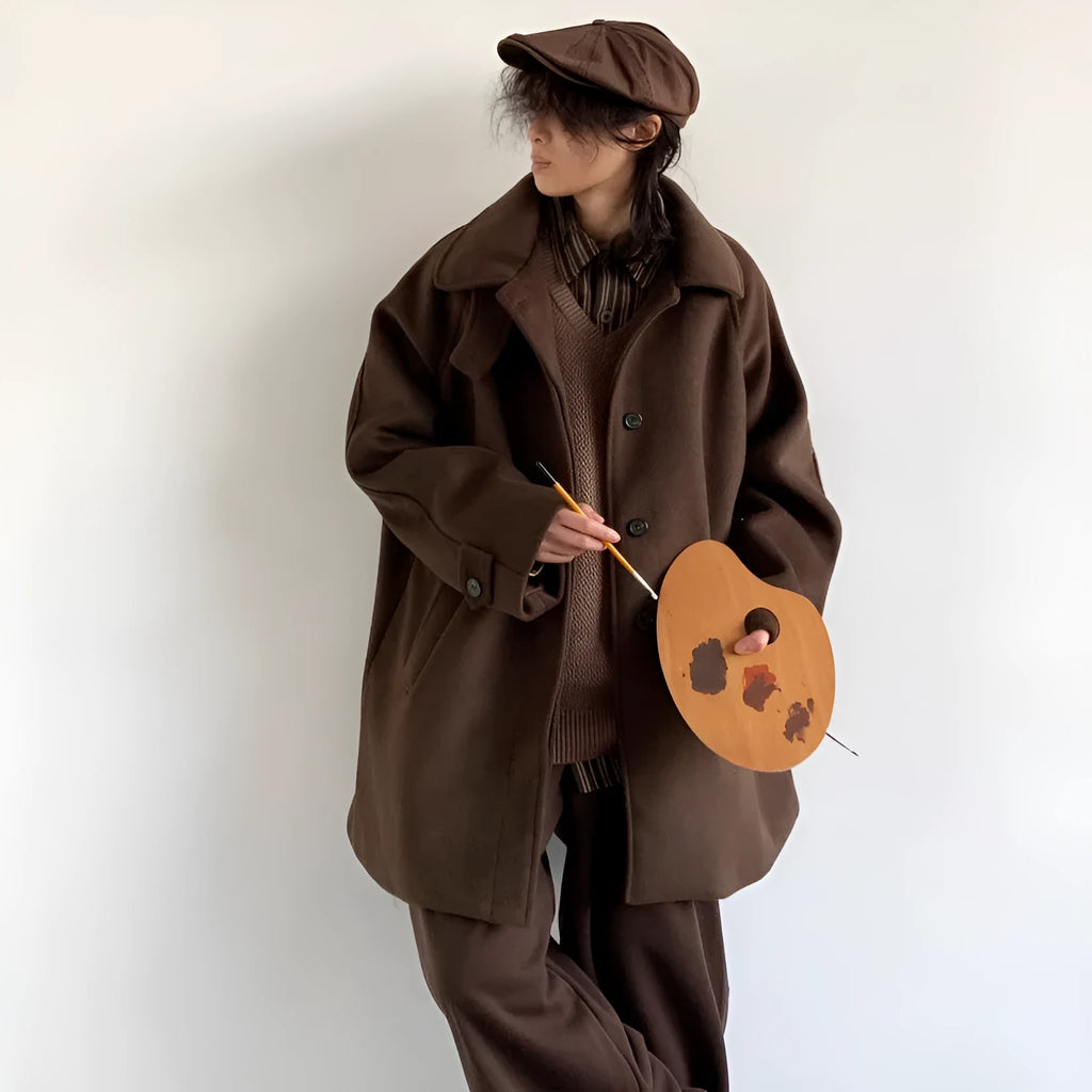 Men's brown woolen coat double breasted lapel mid-length loose fit long sleeve winter coat