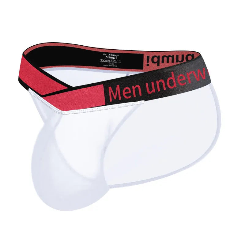 Men's transparent ice silk breathable underwear in black, red, or white with large V gradient high fork design