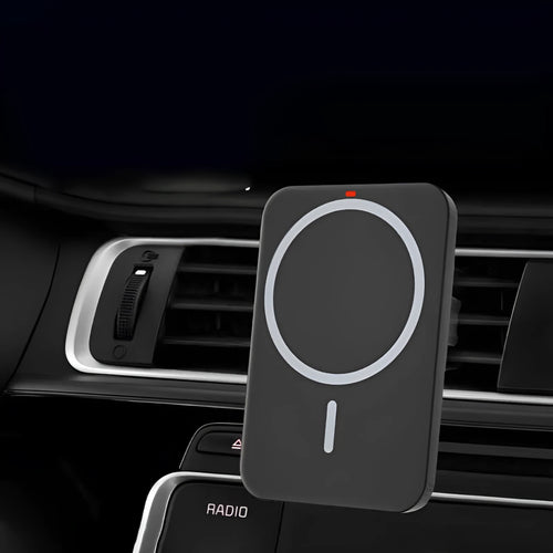 Black car magnetic wireless charger mounted on vehicle air vent with phone attached