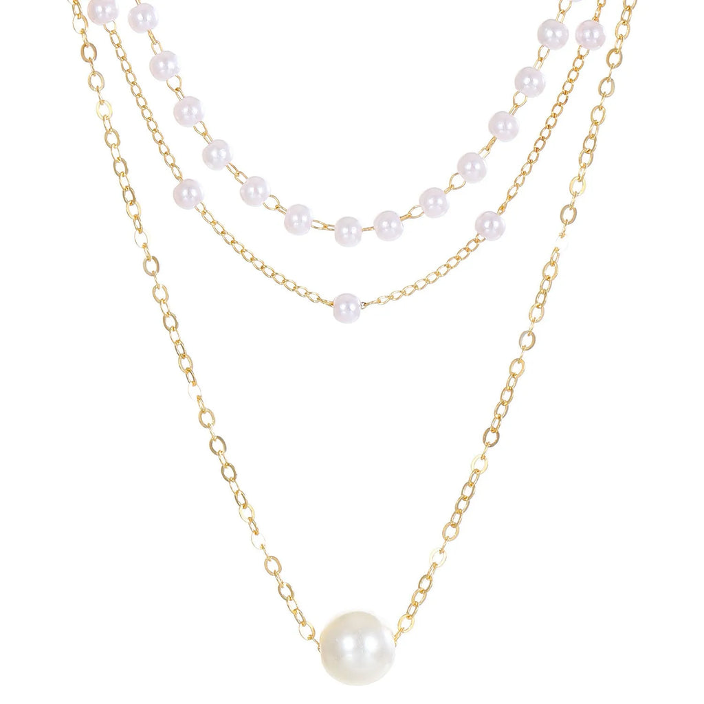 Three-layer gold imitation pearl necklace with twin pendant leaf U-shaped geometric design